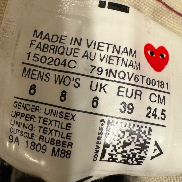 Black Comme des Garcons Play Converse Black Off White Sneakers Men’s 6 Women’s 8 - Picture 10 of 11